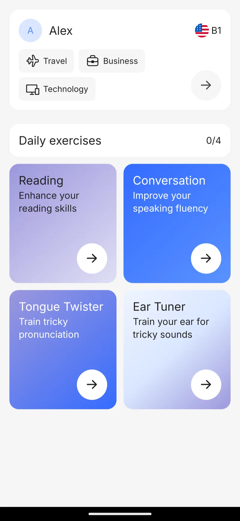 SpeakRight home screen — daily English pronunciation practice
