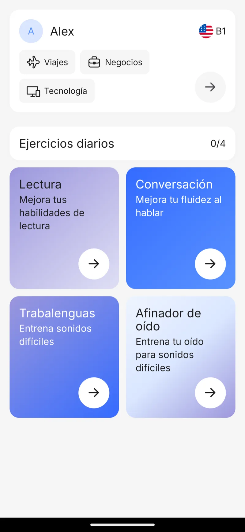 SpeakRight home screen — daily English pronunciation practice