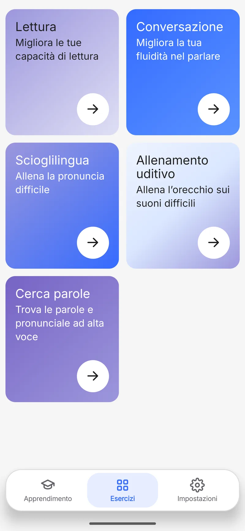 Schermata principale di SpeakRight — pratica quotidiana della pronuncia inglese