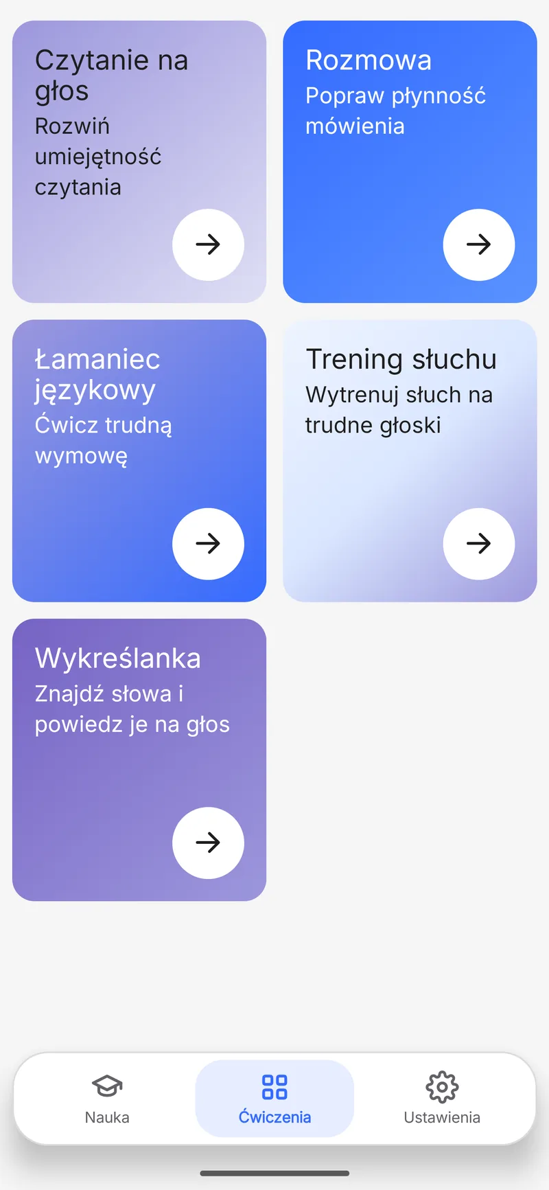 Ekran główny SpeakRight — codzienne ćwiczenie angielskiej wymowy