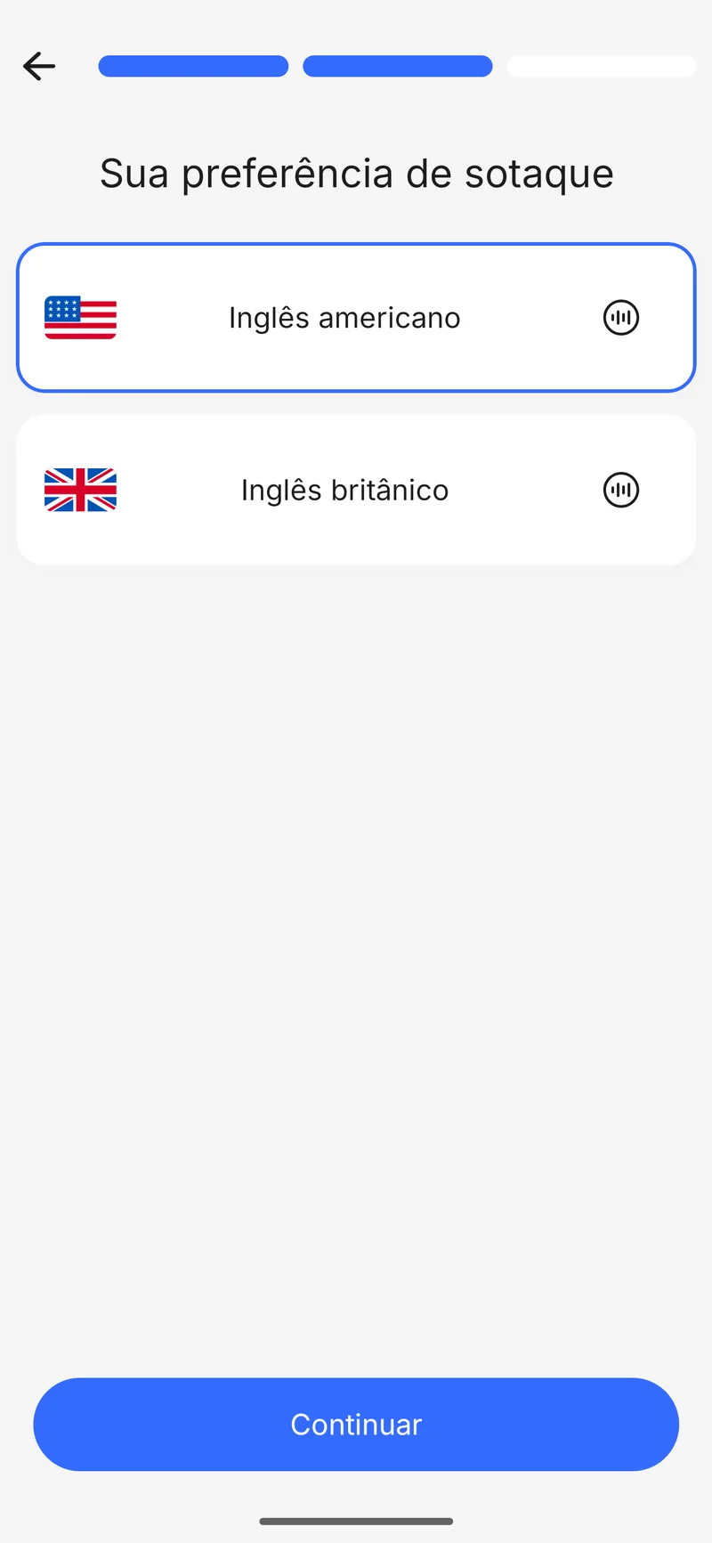 Escolha de sotaque no onboarding